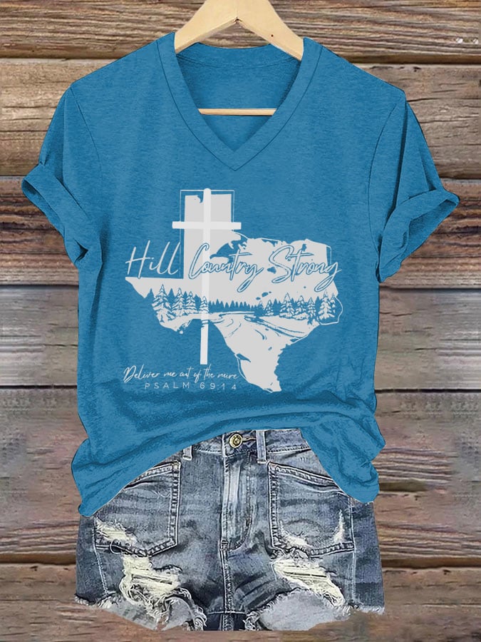 Women's Western Texas Print V-Neck Short Sleeve T-Shirt