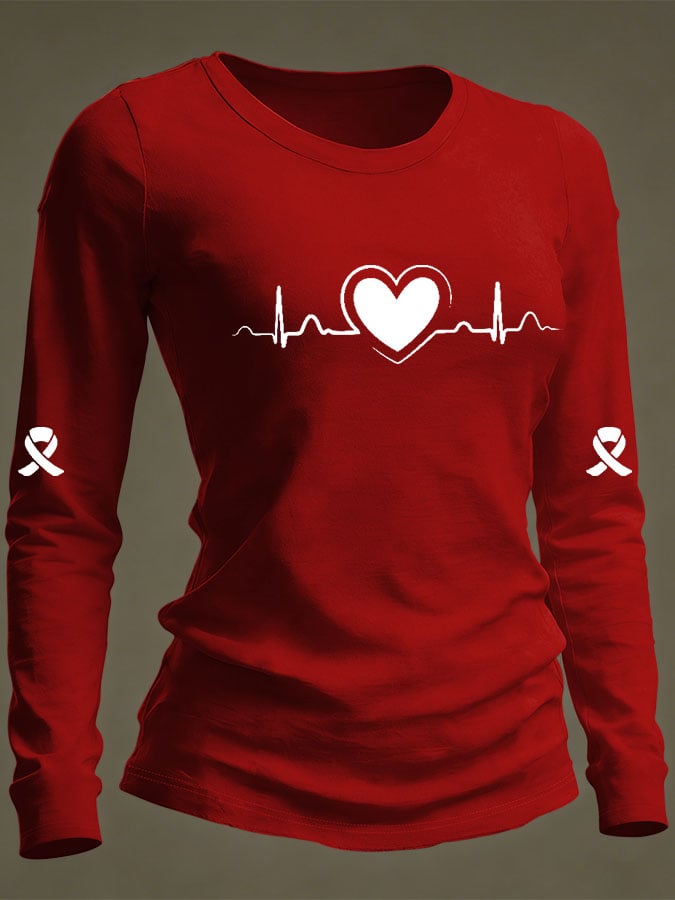 Women's Casual Heart Disease Awareness Print Long-Sleeve T-Shirt