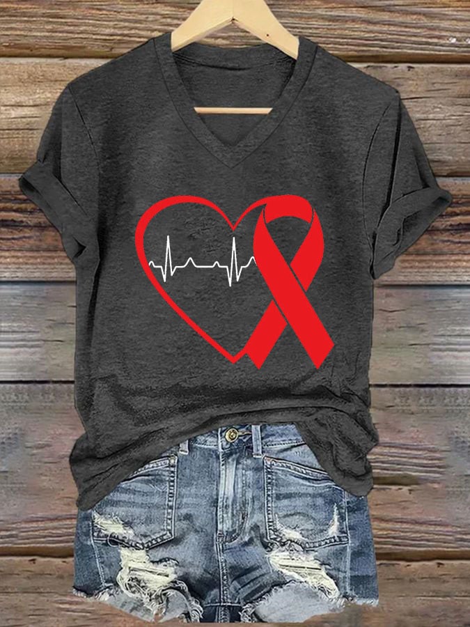 Women's Casual Heart Disease Awareness Printed Short-Sleeve T-Shirt