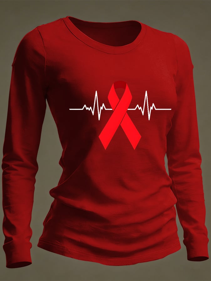 Women's Casual Heart Disease Awareness Print Long-Sleeve T-Shirt