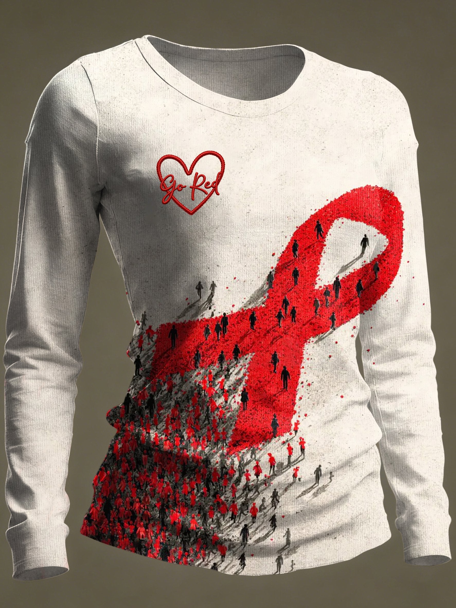 Women's Casual Heart Disease Awareness Print Long-Sleeve T-Shirt