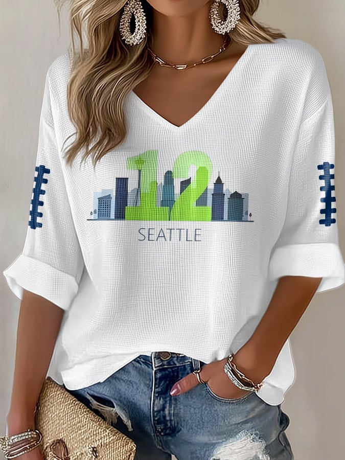 Women's Rugby Print Waffle Long Sleeve T-Shirt