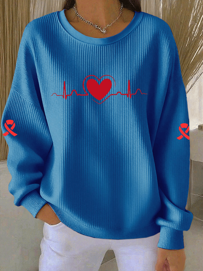 Women's Casual Heart Disease Awareness Print Long Sleeve Knit Top