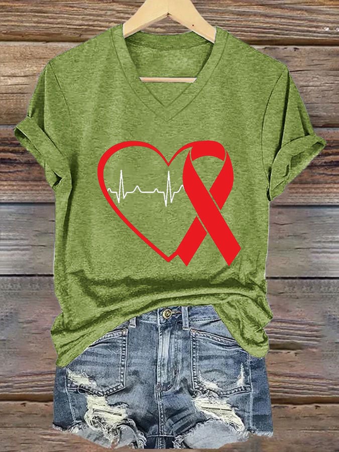 Women's Casual Heart Disease Awareness Printed Short-Sleeve T-Shirt