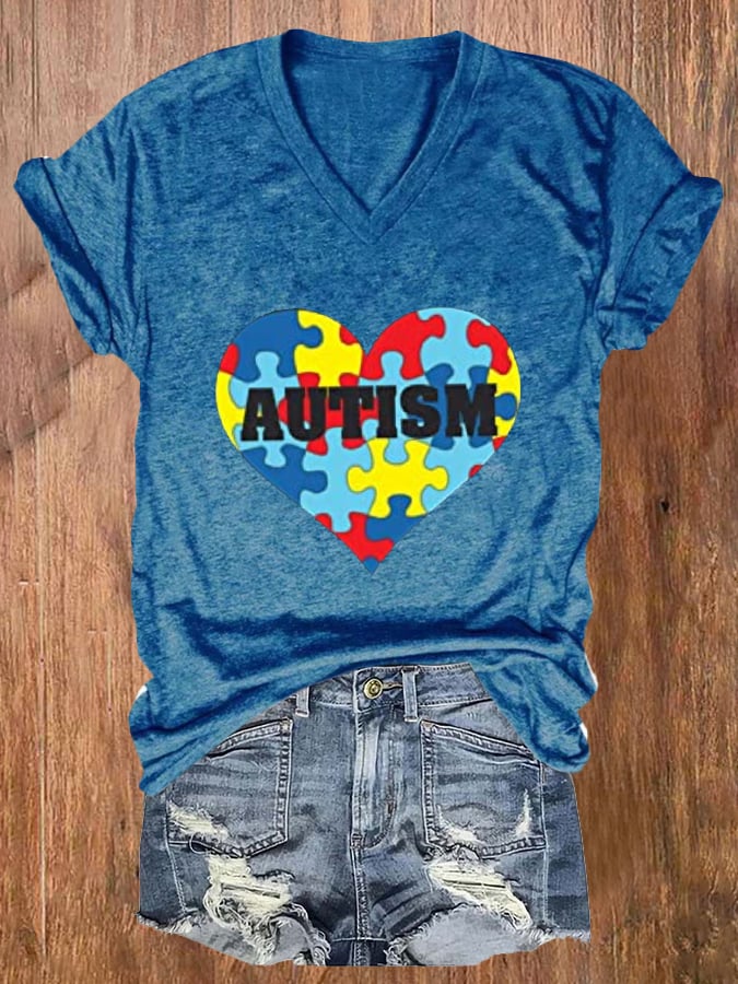 Women'S Autism Print V Neck Casual T-Shirt