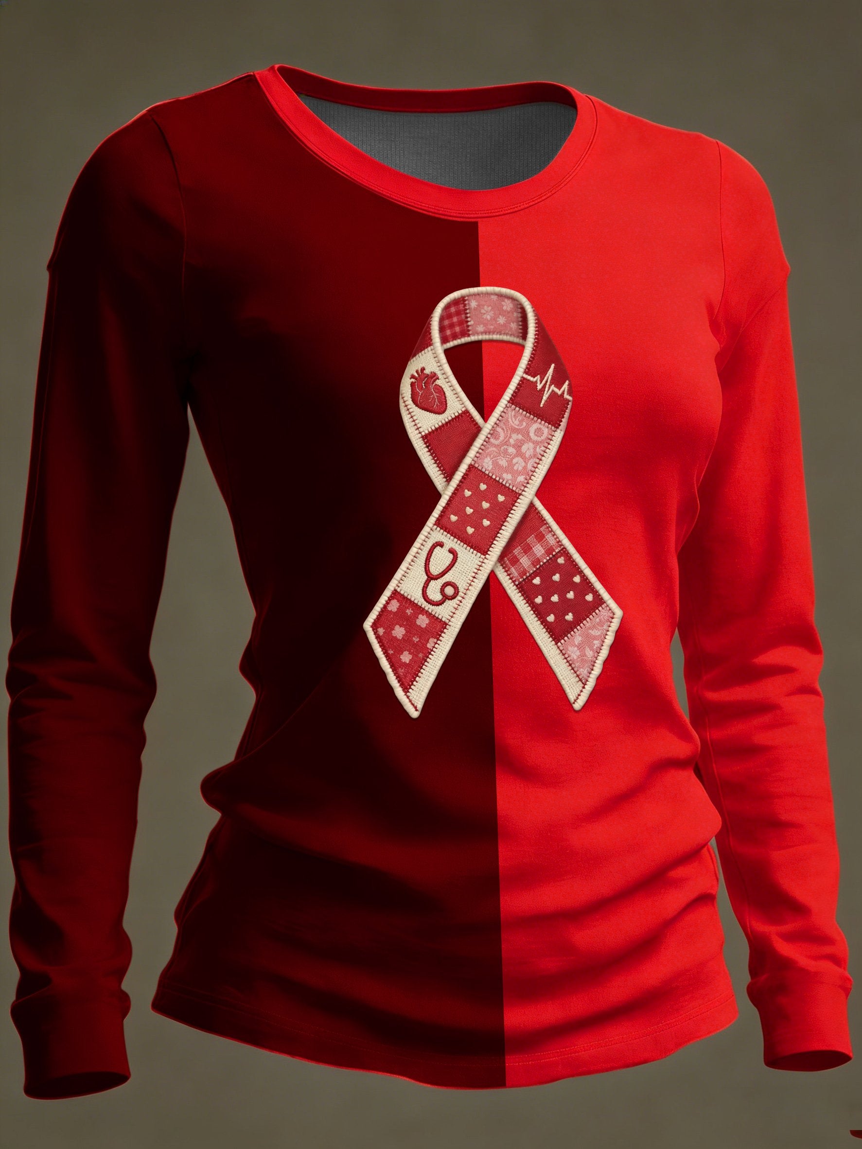 Women's Casual Heart Disease Awareness Print Long-Sleeve T-Shirt