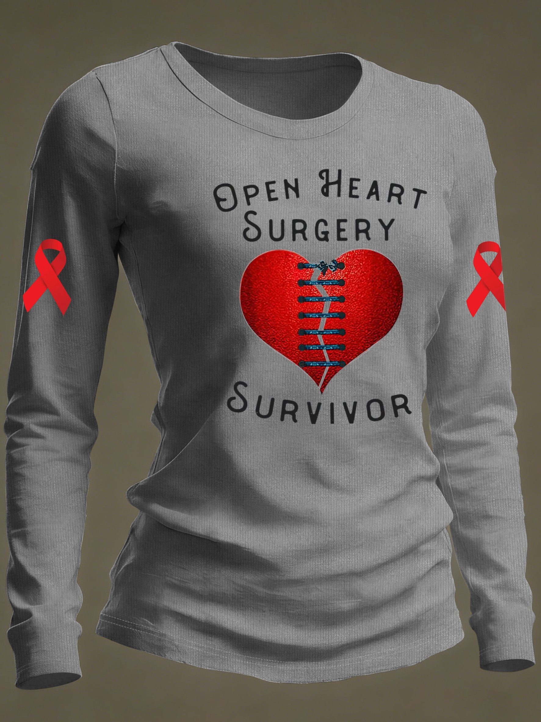 Women's casual long-sleeved T-shirt with "OPEN HEART SURGERY SURVIVOR" print