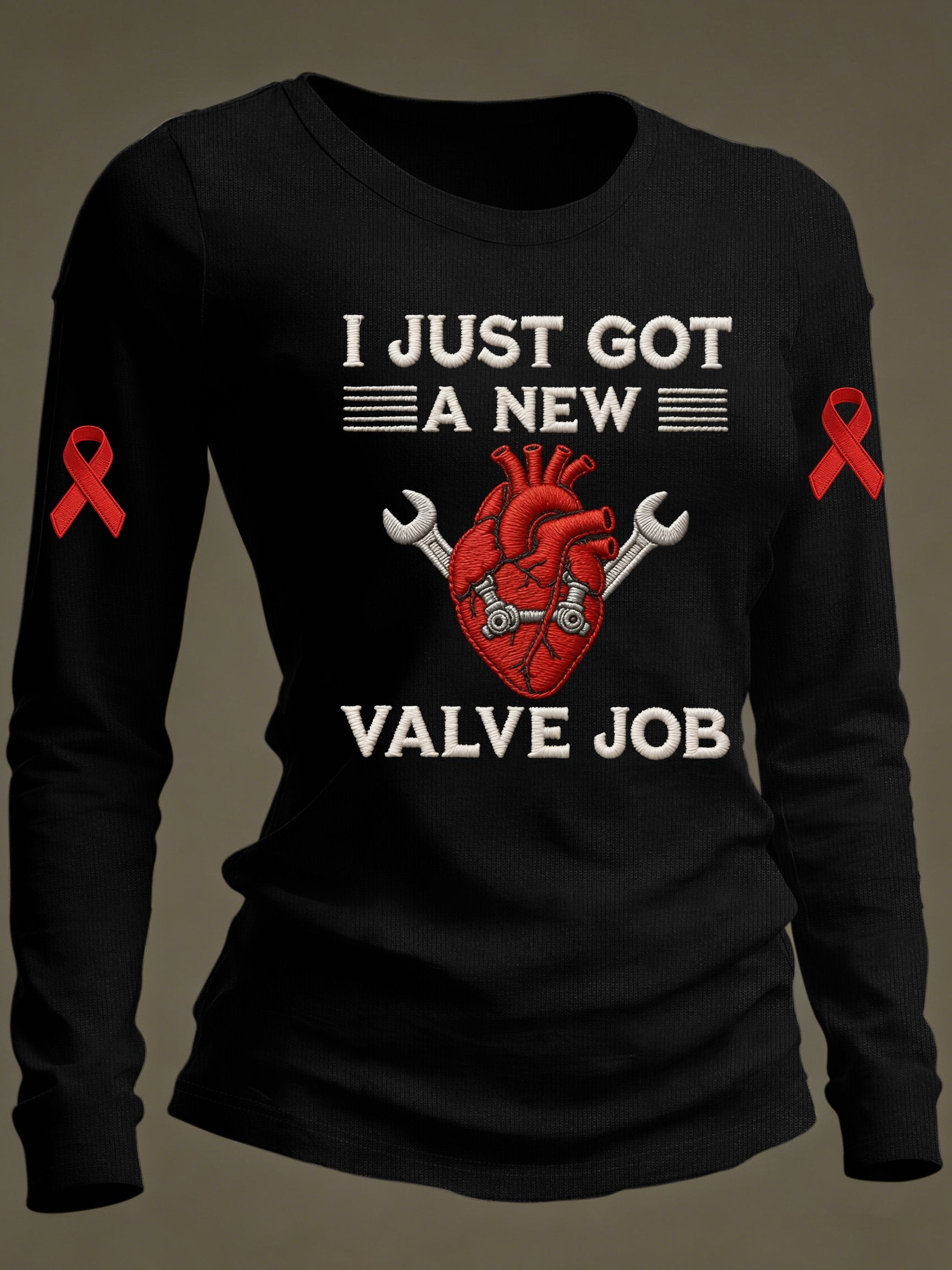 Women's Casual Heart Disease Awareness Long-Sleeve T-Shirt (I JUST GOT A NEW VALVE JOB)
