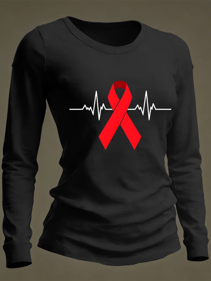 Women's Casual Heart Disease Awareness Print Long-Sleeve T-Shirt