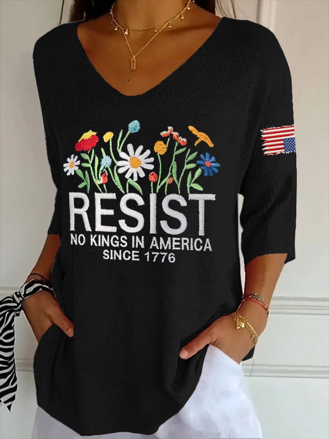 🔥Buy 3 Get 15% Off🔥V- Neck Retro Resist No Kings In America Since 1776 Print Shirt