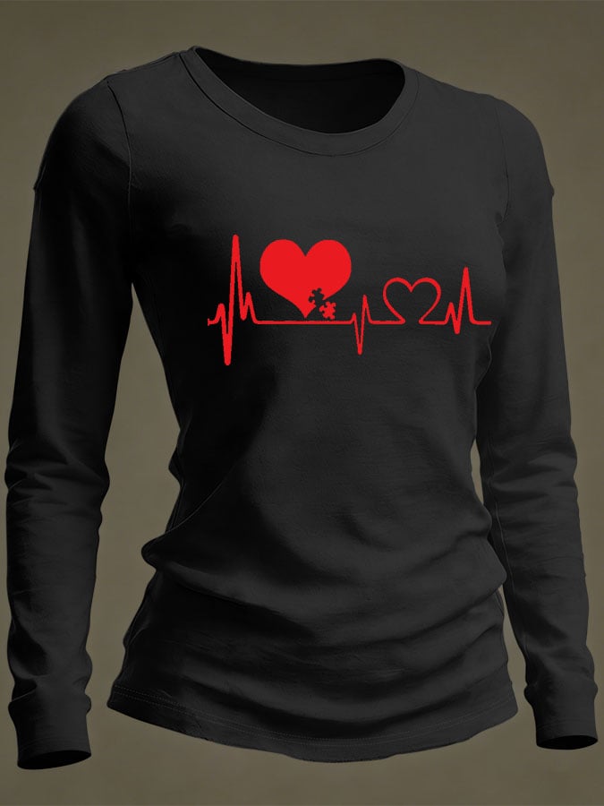 Women's Casual Heart Disease Awareness Print Long-Sleeve T-Shirt