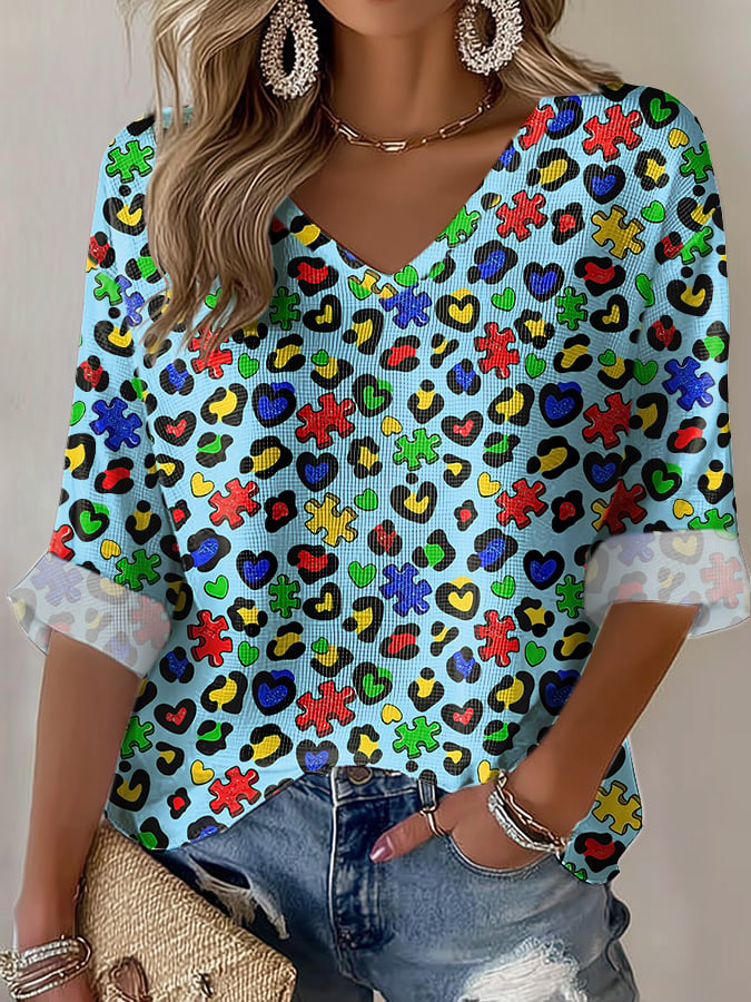 V-Neck Retro Autism Awareness Leopard Puzzle Pattern Print T-Shirt