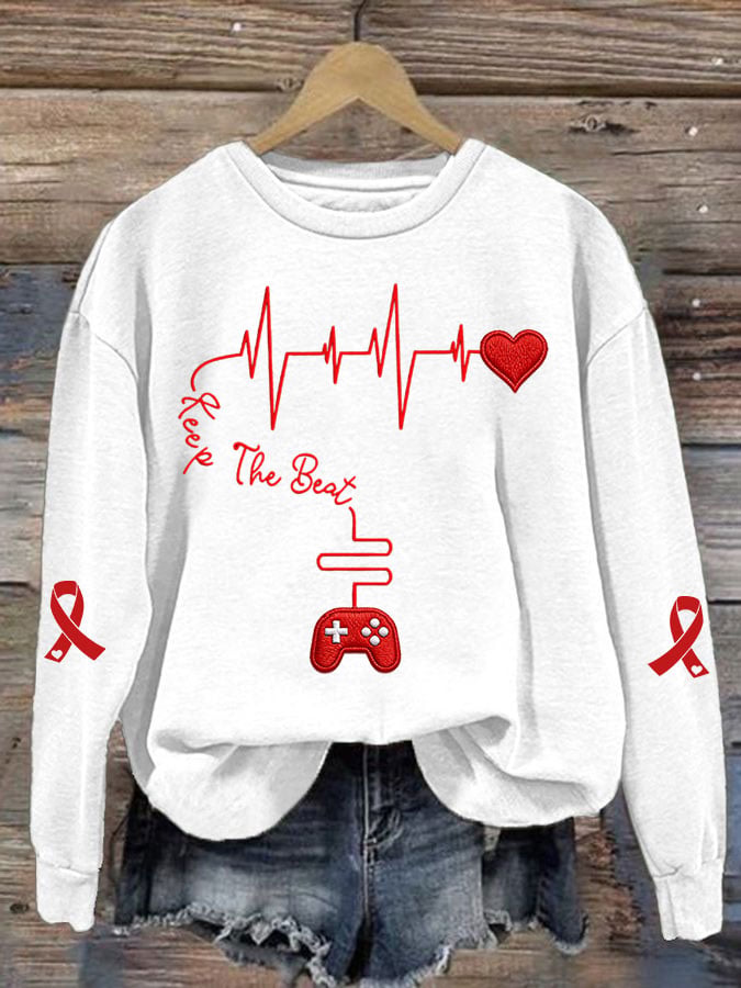 Women's Casual Heart Disease Awareness Keep The Beat Printed Long-Sleeve Sweatshirt