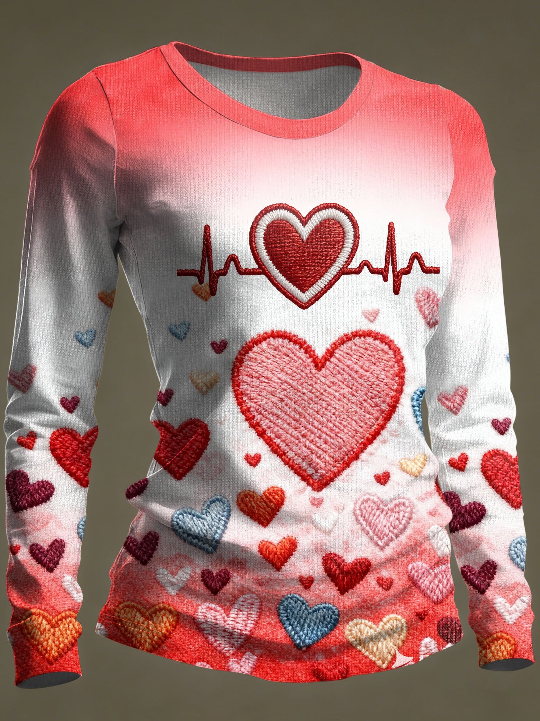 Women's Casual Heart Disease Awareness Print Long-Sleeve T-Shirt