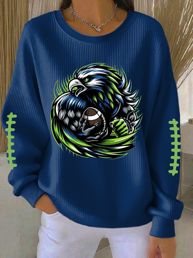 Women's Football Print Knit Crew Neck Long Sleeve Top