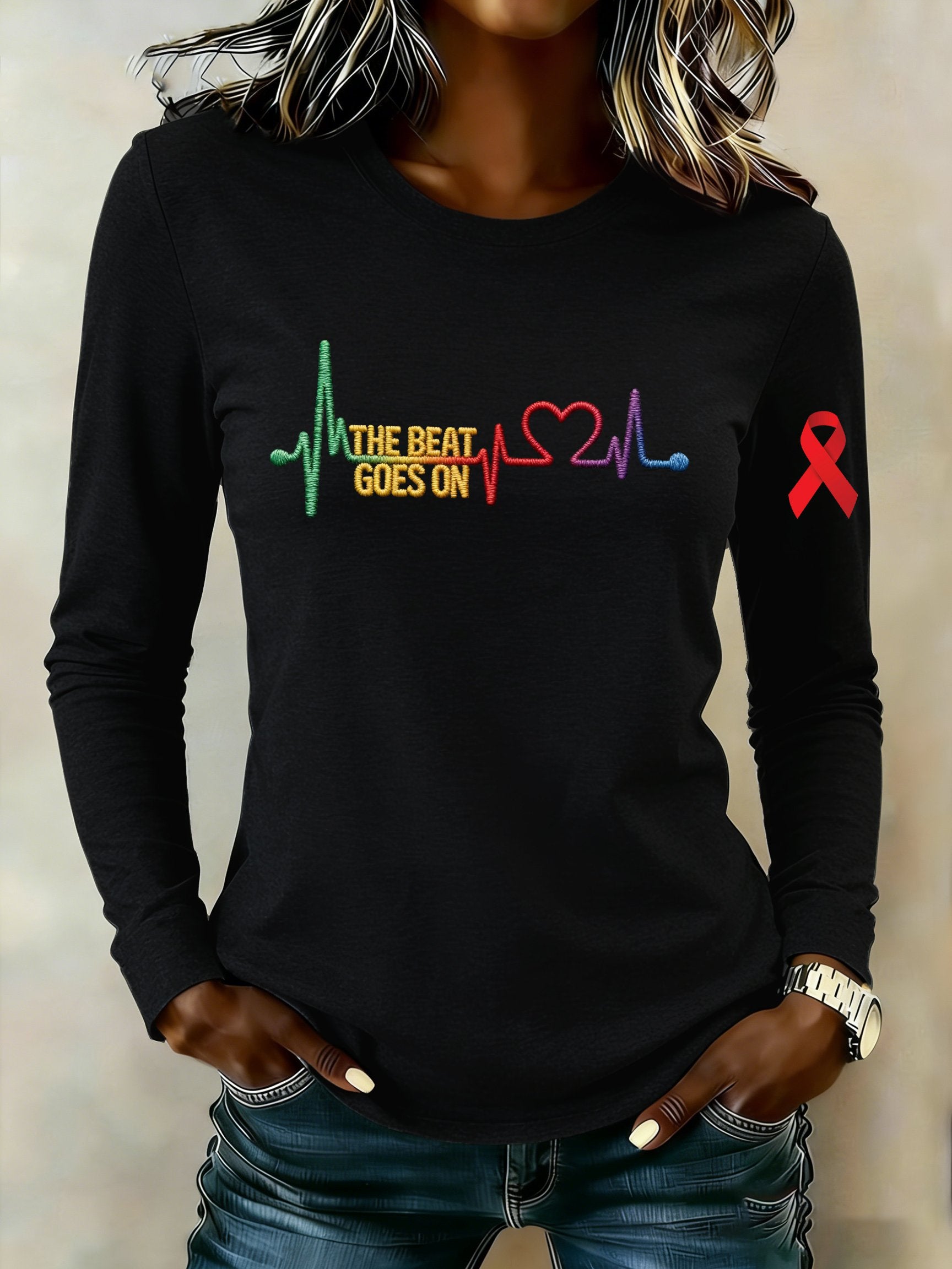 Women's casual long-sleeved T-shirt for heart disease awareness