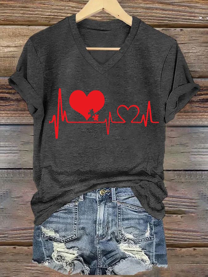 Women's Casual Heart Disease Awareness Printed Short-Sleeve T-Shirt