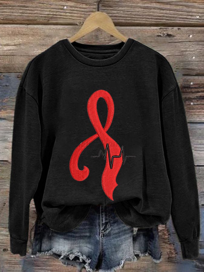 Women's Casual Heart Disease Awareness Printed Long-Sleeve Sweatshirt
