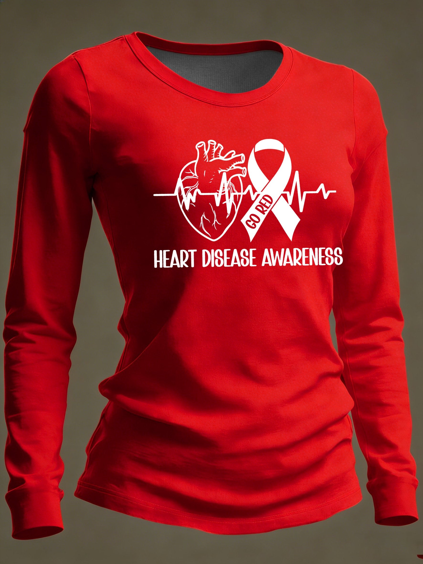 Women's Casual Heart Disease Awareness Print Long-Sleeve T-Shirt