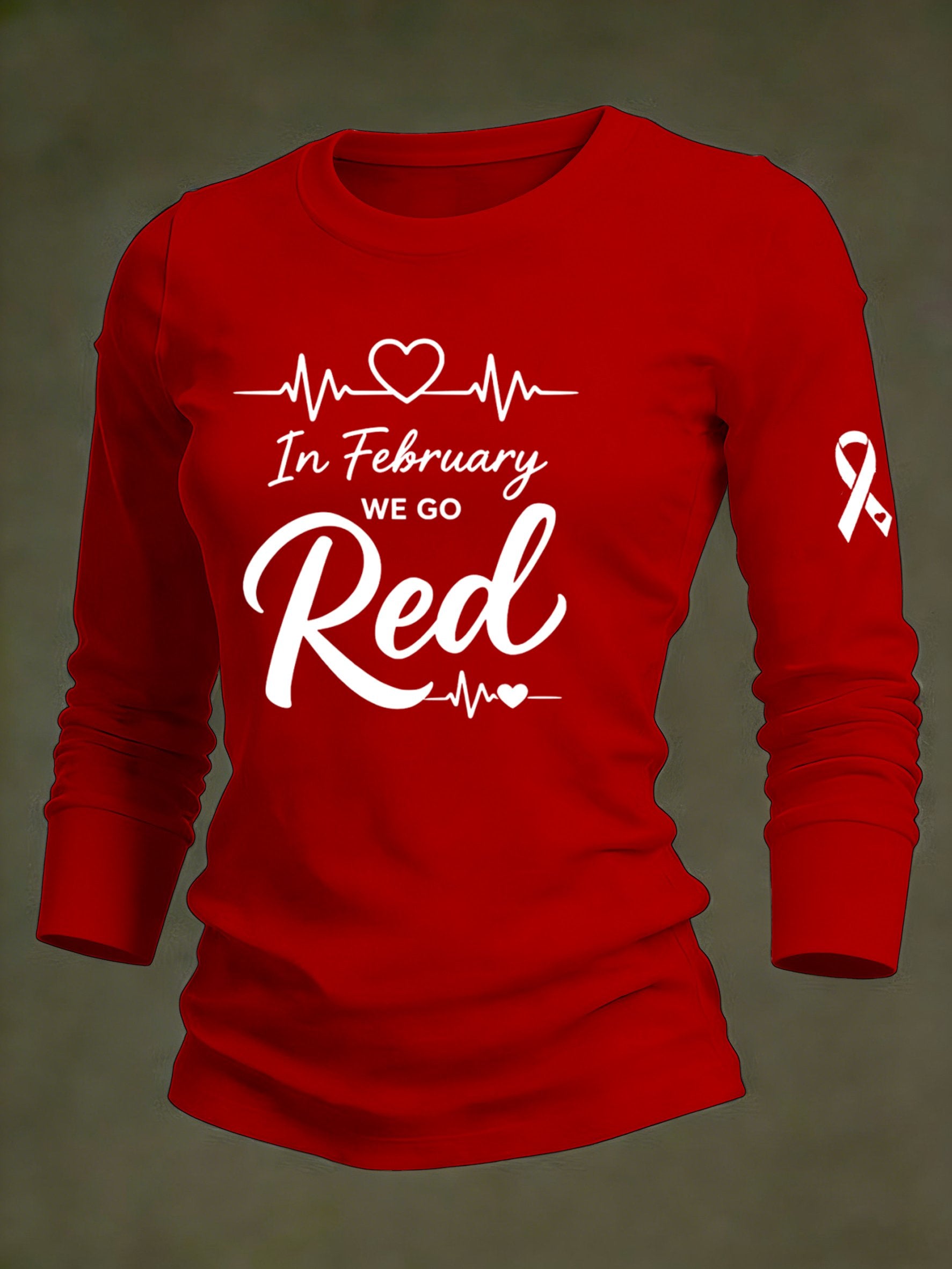 Women's Casual Heart Disease Awareness Print Long-Sleeve T-Shirt