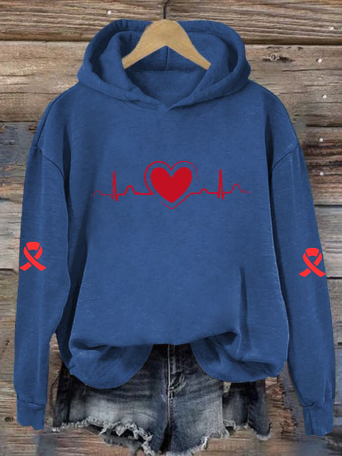 Women's Casual Heart Disease Awareness Print Hoodie