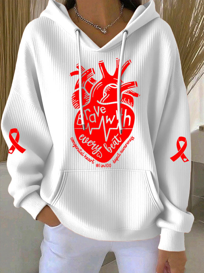 Women's Heart Disease Awareness Brave with every beat Print Long-Sleeve Hooded Sweatshirt