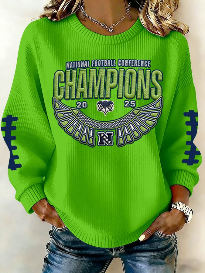Women's Football Printed Knit Crew Neck Long-Sleeved Top