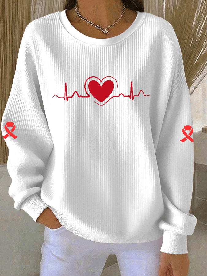 Women's Casual Heart Disease Awareness Print Long Sleeve Knit Top