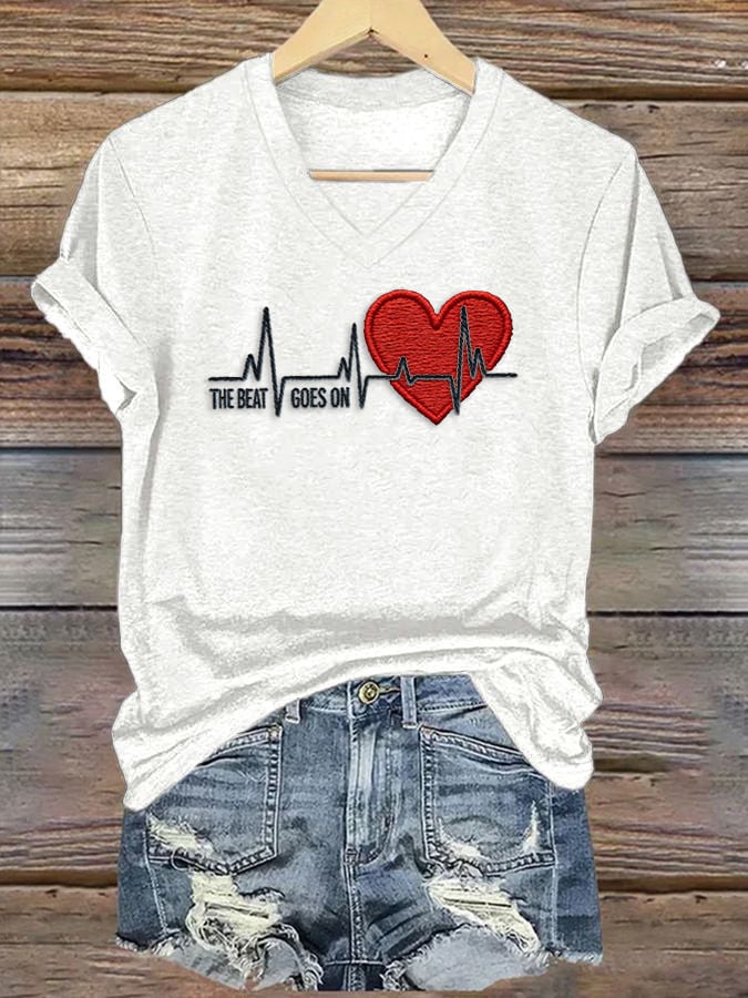 Women's Casual Heart Disease Awareness T-shirt (THE BEAT GOES ON)