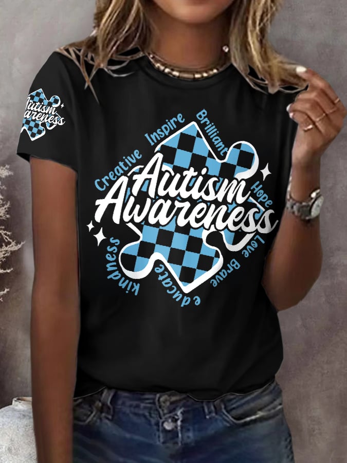 Retro Autism Awareness Creative Inspire Brilliant Hope Love Brave Educate Kindness Print T-Shirt