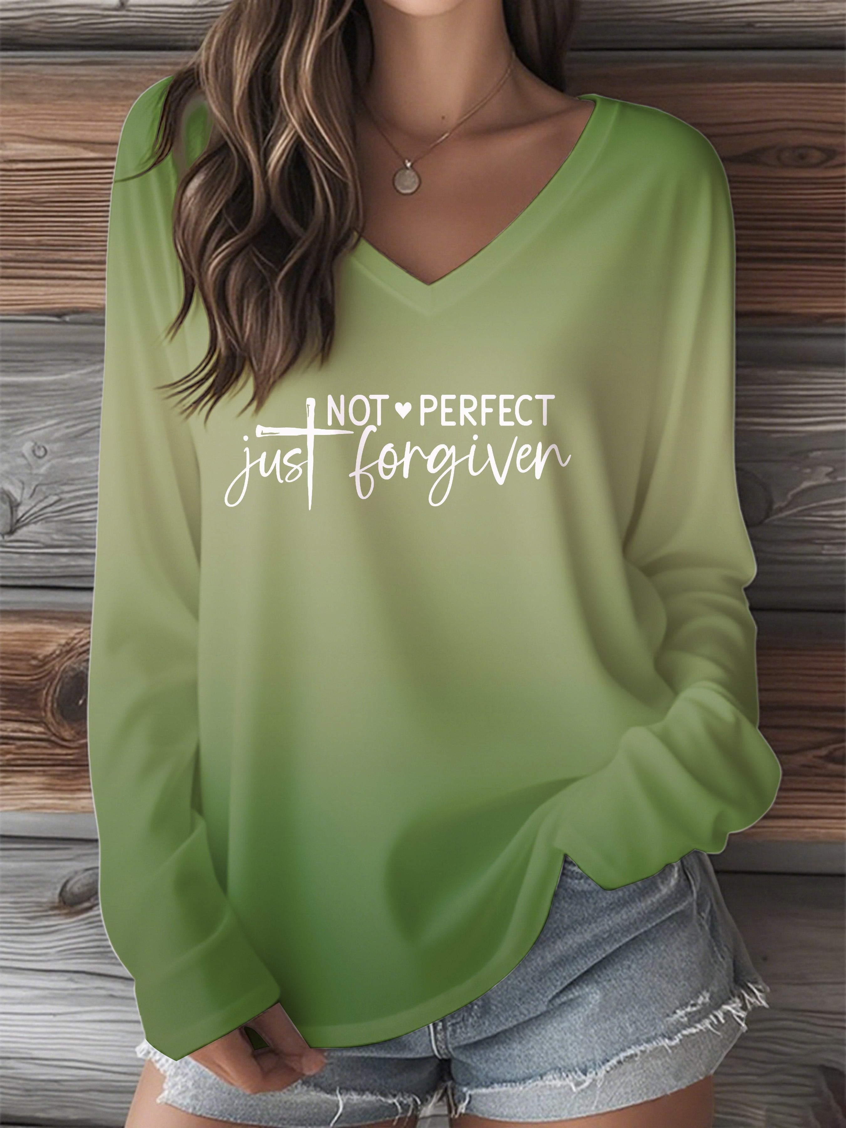 Women's Not Perfect Just Forgiven Printed V-Neck Long Sleeve T-Shirt