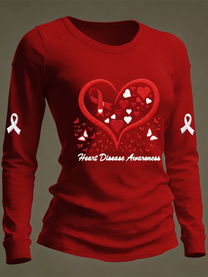 Women's Casual Heart Disease Awareness Print Long-Sleeve T-Shirt