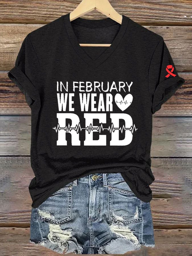 Women's Casual Heart Disease Awareness Printed Short-Sleeve T-Shirt