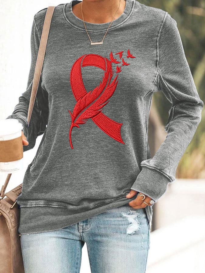 Women's Sweatshirt With Heart Disease Awareness Red Ribbon Print