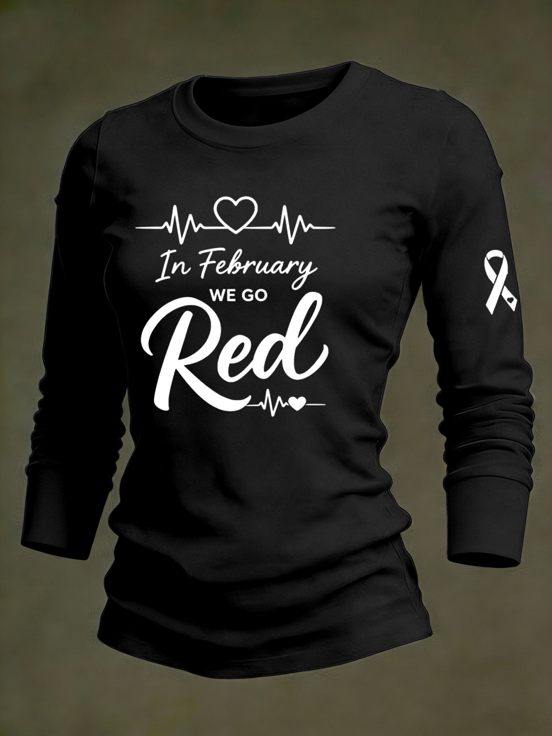 Women's Casual Heart Disease Awareness Print Long-Sleeve T-Shirt