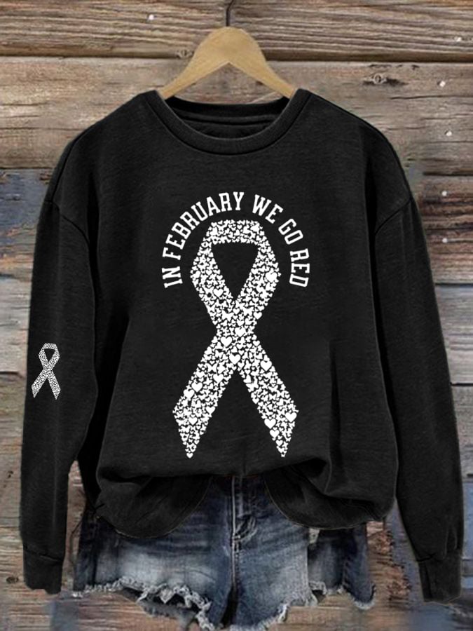 Women's Casual Heart Disease Awareness Printed Long-Sleeve Sweatshirt