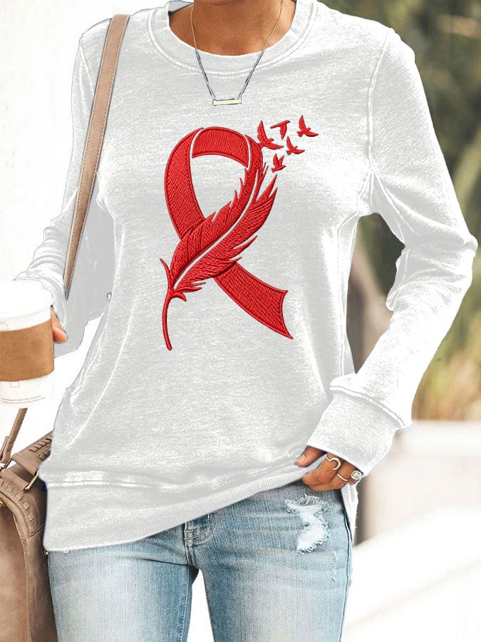 Women's Sweatshirt With Heart Disease Awareness Red Ribbon Print
