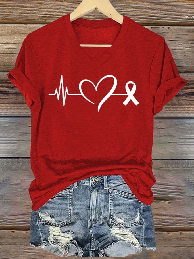 Women's Casual Heart Disease Awareness Printed Short-Sleeve T-Shirt