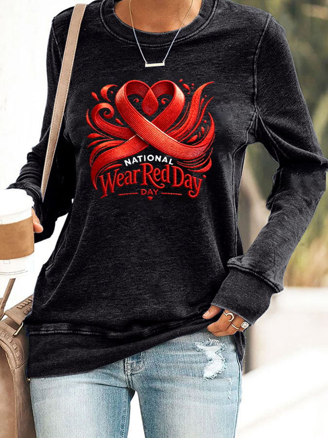 Women's Sweatshirt With Heart Disease Awareness Red Ribbon Print