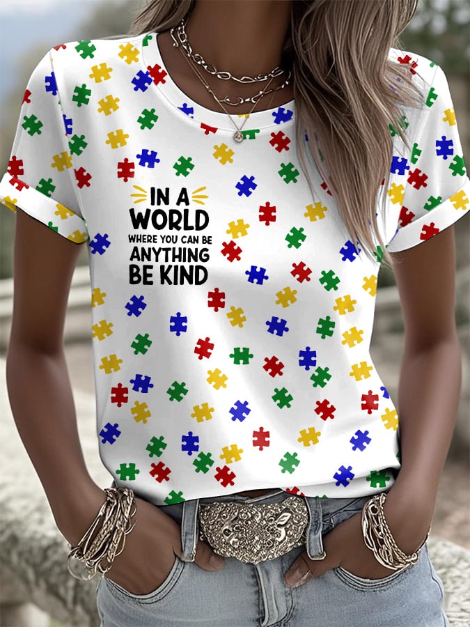 Retro Autism Awareness In A World Where You Can Be Anything Be Kind Print T-Shirt