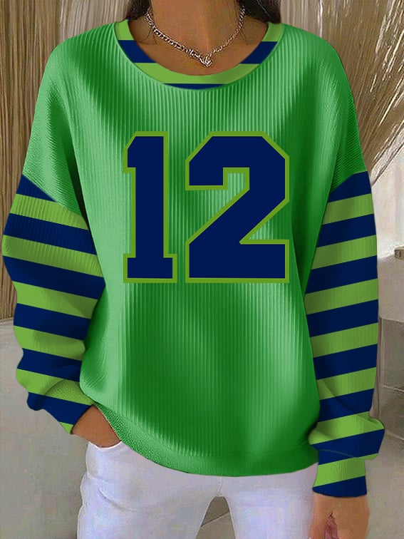 Women's Rugby Print Knit Crew Neck Long Sleeve Top