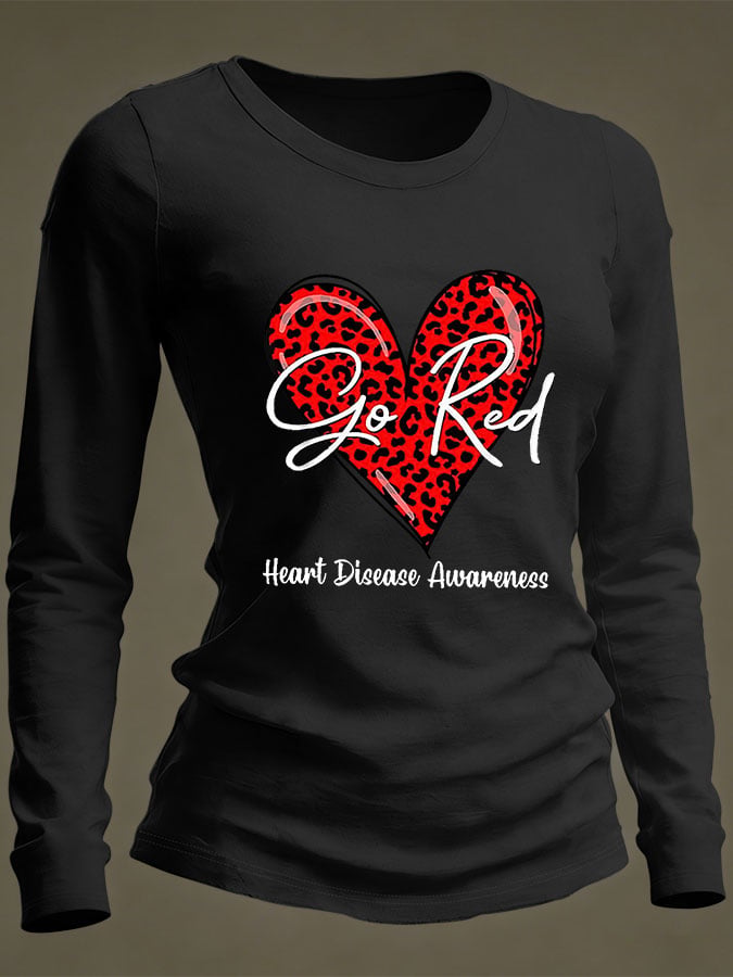 Women's Casual Heart Disease Awareness Print Long-Sleeve T-Shirt