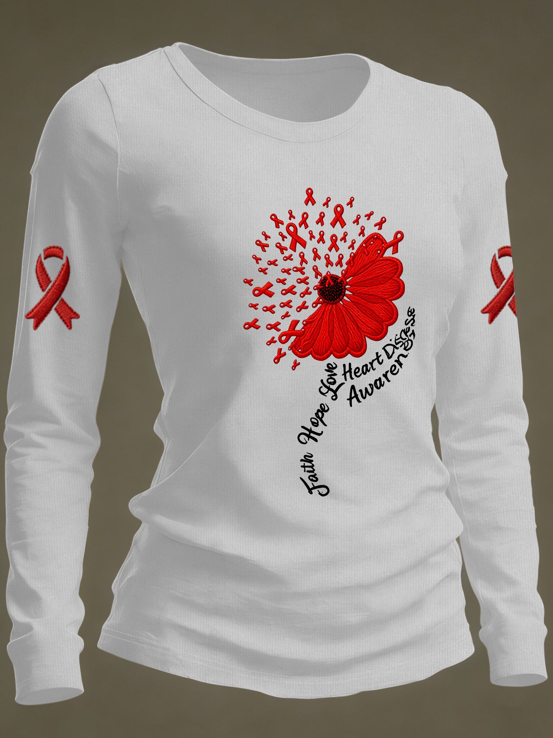 Women's Casual Heart Disease Awareness Print Long-Sleeve T-Shirt