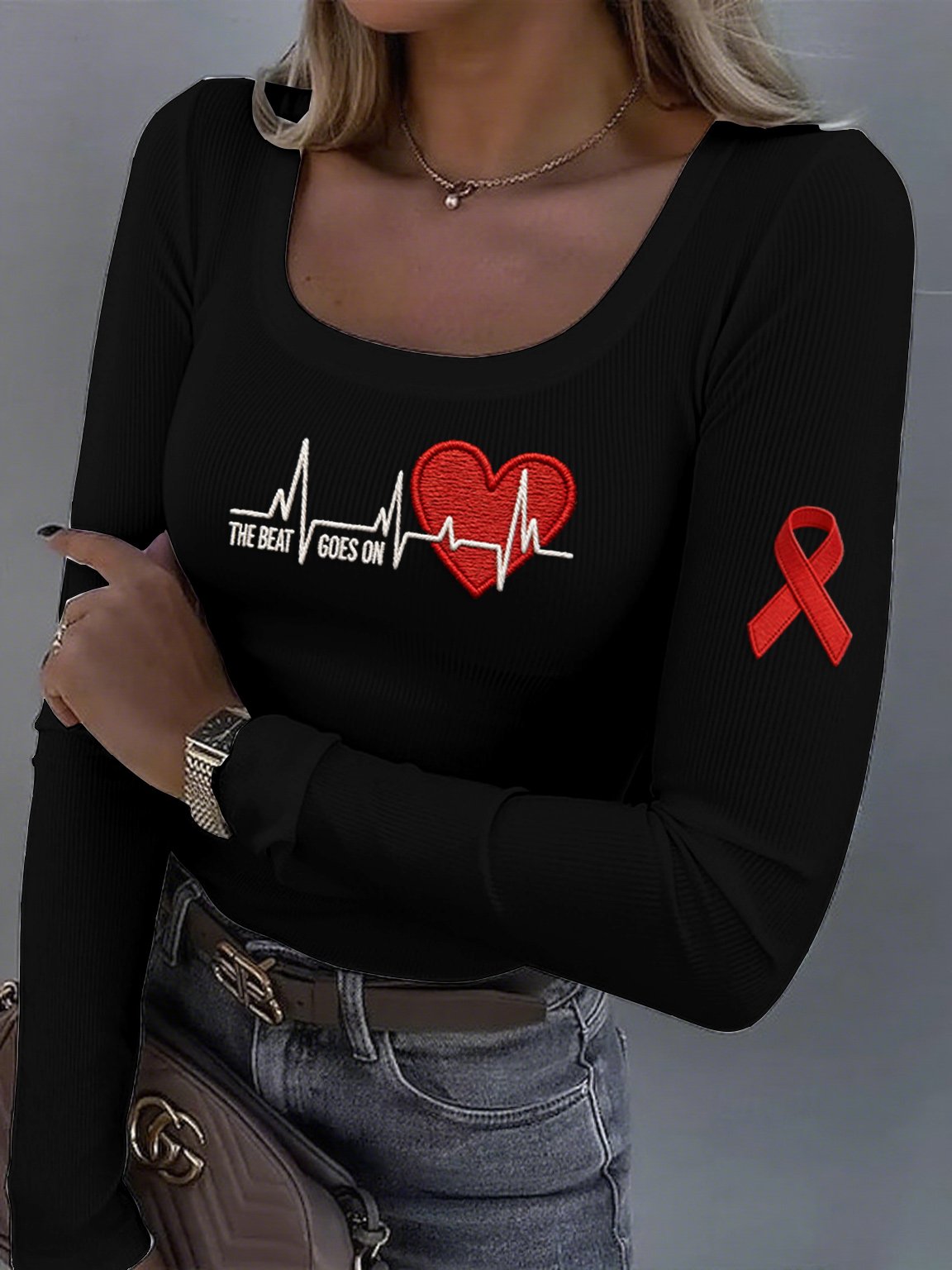 Women's casual heart disease awareness base layer shirt (THE BEAT GOES ON)