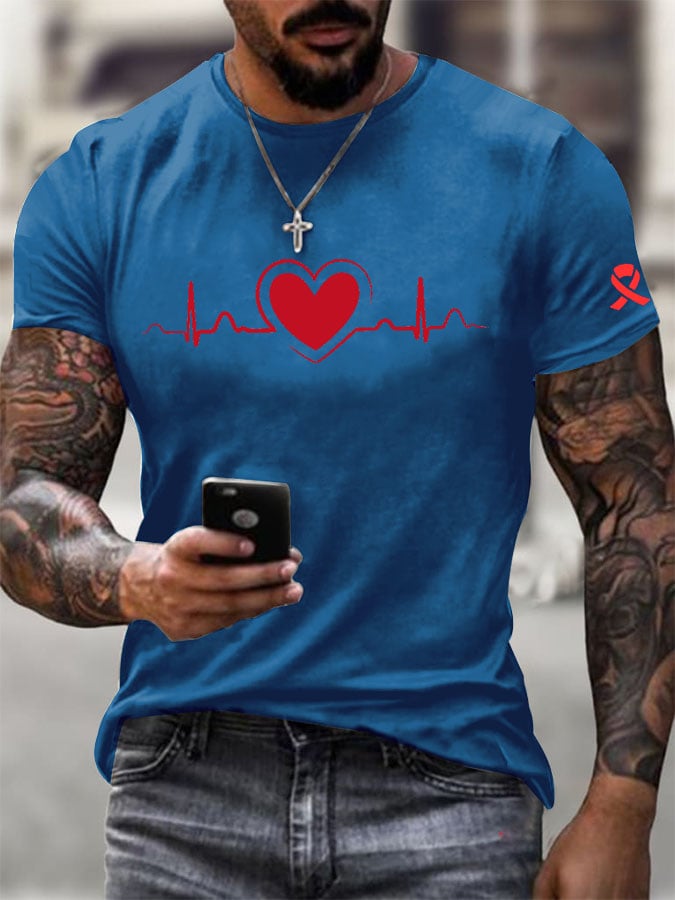 Men's Heart Disease Awareness Casual Printed T-shirt