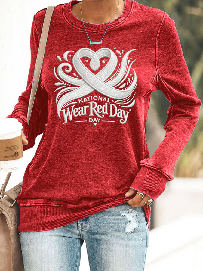 Women's Sweatshirt With Heart Disease Awareness Red Ribbon Print
