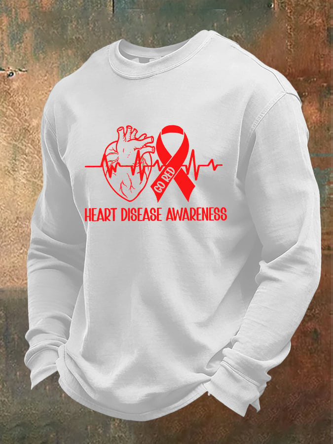 Men's casual long-sleeved T-shirt with heart disease awareness design