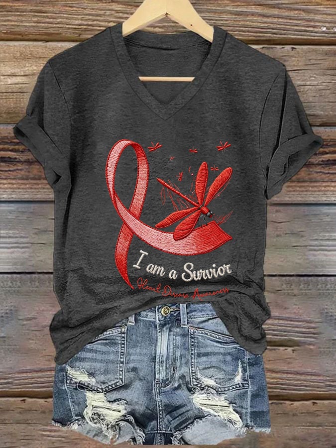 Women's Casual Heart Disease Awareness Printed Short-Sleeve T-Shirt