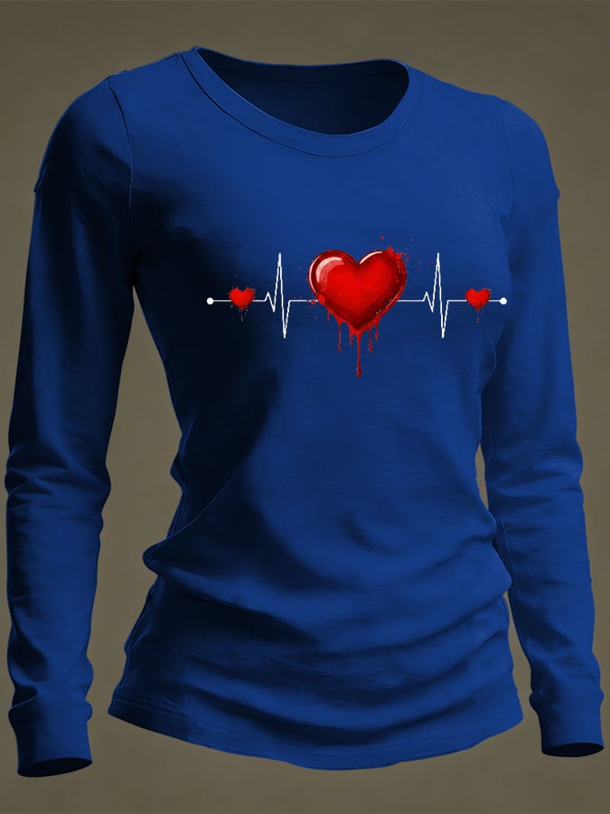Women's Casual Heart Disease Awareness Print Long-Sleeve T-Shirt