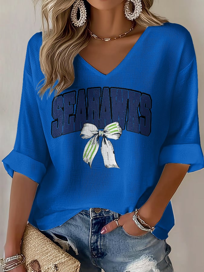 Women's Rugby Print Waffle Long Sleeve T-Shirt